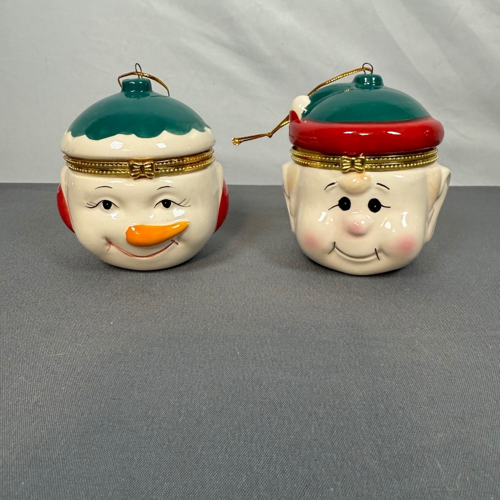 Christmas Snowman And Elf Face Ceramic Trinket‎ Box Ornament Set Hinged Lid
